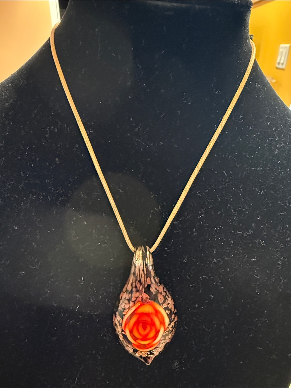 Vintage Glass Orange Rose Pendant Necklace